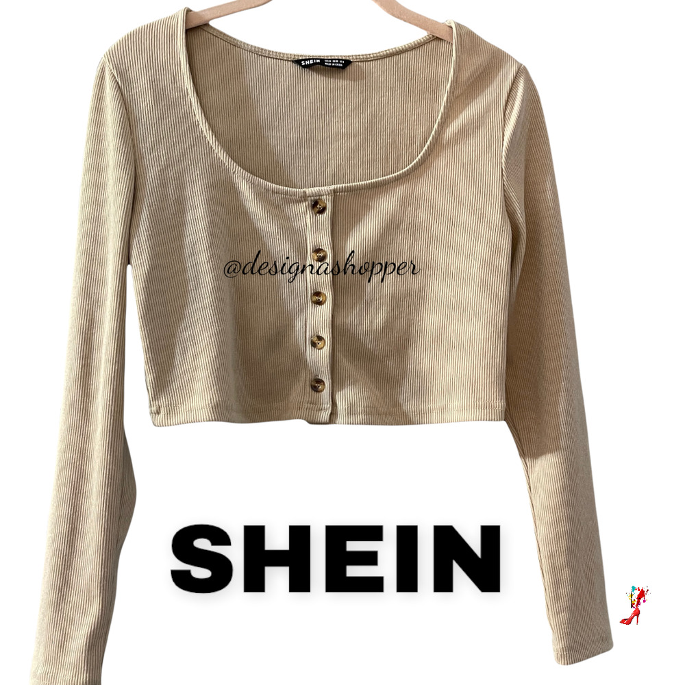 Shein Tan Ribbed Textured Button Down Crop Top Size Med